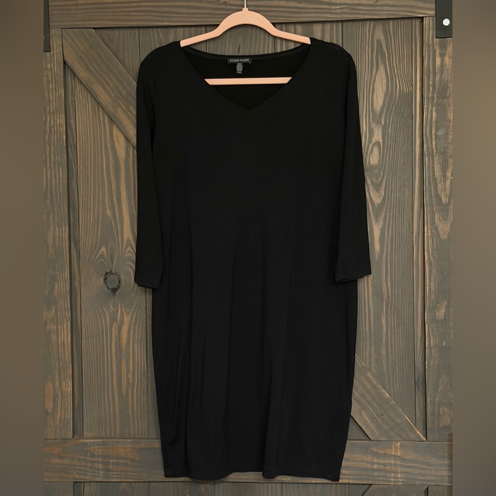 Eileen Fisher Women’s Black Tencel Jersey Stretch V-neck Shift Dress Size Medium